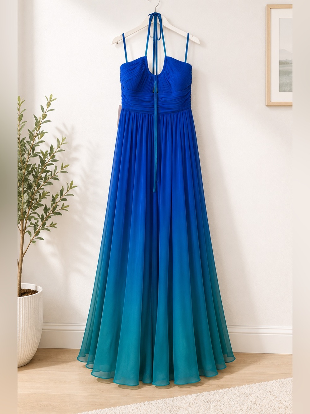Mac Duggal Royal Blue to Teal Ombre Halter Maxi Dress